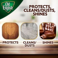 an advertisement for old english cleaning products, including leather chairs and wooden desks with hearts on them