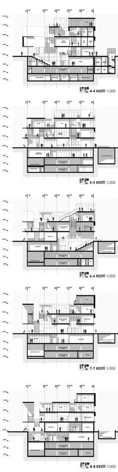 architectural drawings showing the various sections and details for an apartment building, including staircases