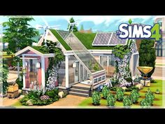 an animated image of a small house with solar panels on the roof and landscaping around it