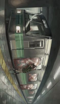 the interior of a subway car is shown in this digital painting by artist mark taylor