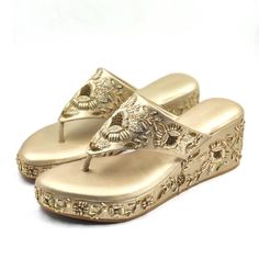 A special something for your special day. Customisable Gold Wedges made out of Vegan leather and Hand embrodiery handcrafted with finesse. The insole is made out pillow cushion to give you an unparalleled comfort . Heel height : 2inches Luxury Gold Wedge Sandals For Vacation, Gota Work Wedding Sandals For Summer, Wedding Sandals With Gota Work For Summer, Summer Wedding Sandals With Gota Work, Gold Sandals With Gota Work For Summer, Festive Gold Sandals For Wedding, Traditional Sandals With Zari Work For Summer, Wedding Sandals With Zari Work For Festivals, Wedding Sandals With Zari Work For Summer