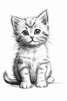 a black and white drawing of a kitten with big blue eyes sitting on the ground