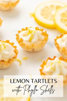 Four lemon tartlets with phyllo cups a white counter top. Mini Lemon Tarts, Lemon Tartlets, Lemon Curd Tart, Lemon Tarts, Lemon Tart Recipe, Lemon Cream Pies, Citrus Grove, Mini Dessert Cups, Phyllo Cups