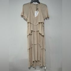 Nwt Rare! Nwt $130 Zara Ruffle Dress Limited Edition Size Small Midi/Maxi Length 100% Viscose Long Viscose Midi Dress For Spring, Zara Long Midi Dress For Spring, Daywear Maxi Dress With Ruffles In Viscose, Daywear Viscose Maxi Dress With Ruffles, Viscose Maxi Dress With Ruffles For Daywear, Viscose Daywear Dress With Ruffles, Spring Tiered Viscose Dress, Zara V-neck Midi Dress With Ruffles, Chic Viscose Midi Dress With Ruffles