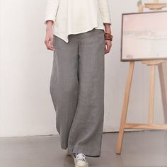 simplelinenlife-Autumn-Women-Casua-Linen-Pants Grey Linen Pants Outfit, Grey Pants Outfit, Spring Trousers, Linen Pants Outfit, Casual Linen Pants, Organic Colors, Grey Trousers, Pants Loose, Wide Leg Linen Pants