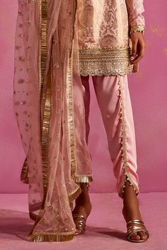 Blush pink georgette and banarasi brocade kurta with floral woven pattern and sequins, lace and beaded embroidery. Comes with tulip pant and a dupatta. - Aza Fashions Pink Traditional Churidar For Transitional Season, Transitional Pink Churidar With Traditional Drape, Pink Party Kurta For Transitional Season, Pink Bollywood Style Kurta With Traditional Drape, Elegant Pink Sets For Festivals, Elegant Pink Set For Festivals, Pink Georgette Kurta With Zari Work, Designer Pink Silk Churidar, Silk Pink Churidar With Mirror Work