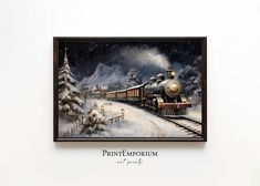 a painting of a train traveling through the snow