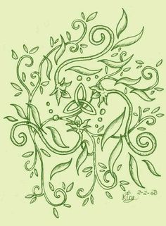 a drawing of a tree with leaves and swirls on the branches, in green ink