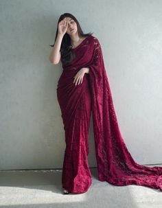 Maroon Net Saree, Trendy Outfit Ideas, Deep Maroon, Beautiful Casual Dresses