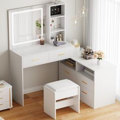 a white desk with two drawers and a mirror