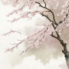 a painting of a tree with pink flowers in the branches and white clouds behind it