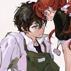 two anime characters one with red hair and the other with blue eyes, are facing each other