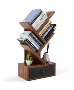 a bookshelf that has some books on it and a plant in the middle