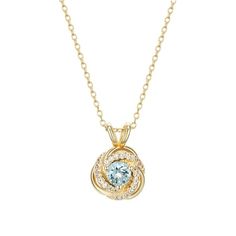 This stunning love knot pendant necklace symbolizes eternal love. Skillfully crafted in 18k yellow gold sterling silver with created aquamarine March birthstone, this lovely pendant necklace is a beloved symbol you'll adore wearing every day. Size: 18".  Color: Blue.  Gender: female.  Age Group: adult. Luxury Aquamarine Birthstone Necklaces, Aquamarine Round Pendant Jewelry For Gift, Yellow Gold Aquamarine Pendant Jewelry, Luxury Aquamarine Pendant Necklace, Light Blue Aquamarine Pendant Necklace, March Birthstone, Love Knot, Eternal Love, Blue Gender