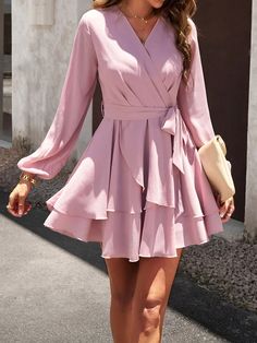 UOOZEE Long Sleeve Ruffle Dress, Sukienki Plus Size, Pink Party, Weave Style, Layer Dress, Layered Skirt, Daily Dress, Chic Dress, Ruffle Dress