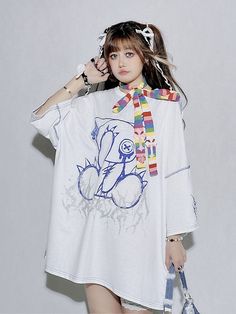 This price is for a T-shirt only, others are not included.   	 		 			Size 			Free Size 		 		 			Length 			77 		 		 			Bust 			150 		 		 			Shoulders 			83 		 		 			Sleeve Length 			23 White Harajuku Style Tops For Summer, White Harajuku Style Summer Tops, Harajuku Style White Summer Top, Harajuku White Summer Top, White Harajuku T-shirt For Summer, White Harajuku Style T-shirt For Summer, Oversized Harajuku Style Short Sleeve Tops, White T-shirt With Cartoon Print For Spring, White Harajuku T-shirt With Cartoon Print