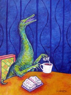 a painting of a dinosaur sitting at a table with a cup of coffee and book