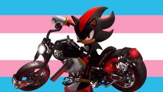 a cartoon character on a motorcycle in front of a pink and blue striped wallpaper