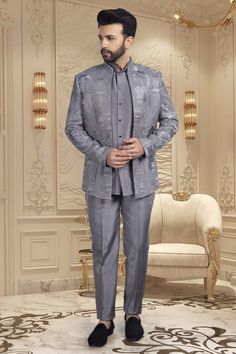 This elegant short sherwani is a luxurious addition to any gentleman's wardrobe. With a beautifully crafted thread embroidery open jacket, this mens sherwani exudes sophistication and exclusivity. Perfect for special occasions and formal events, it is the epitome of refined style. Elevate your look with this M42-S117 sherwani. Luxury Semi-formal Sherwani With Naqshi Detail, Luxury Semi-stitched Traditional Sherwani, Luxury Semi-stitched Straight Sherwani, Semi-stitched Long Sleeve Formal Sherwani, Elegant Semi-stitched Raw Silk Sherwani, Mens Sherwani, Gentleman's Wardrobe, Formal Event, Gentleman