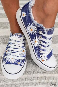 Eromis - Soft Denim Daisy Print Lace-up Sneakers in Sky Blue Sneaker Painting, Funky Footwear, Painted Clothing, Canvas Flats, Orthopedic Shoes, Frayed Denim, Print Sneakers, Denim And Lace, Denim Shoes