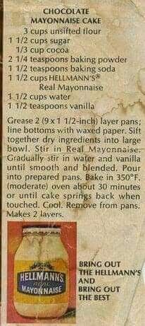 an old recipe for mayonnaise cake with instructions