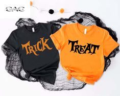 Trick or Treat Couples Shirt,Halloween Matching Shirt, Black Orange Fall Party Shirt, Matching Halloween Shirts, Fall Husband Wife Shirts 👉How Do I Order👈 1️⃣ Please review all the information provided before placing an order 2️⃣ Select the shirt size using the drop down menu. 3️⃣ Select the color of the shirt using the following drop down menu. * * Different styles of shirts may have different shades of same color choice due to different manufacturer brands. * * For this reason, we recommend Spooky Black Tops For Costume Party, Black Horror Shirt For Halloween, Black Shirt For Halloween Costume Party, Black Long Sleeve Halloween Shirt, Black Tops For Halloween Costume Party, Black Short Sleeve Shirt For Halloween, Black Short Sleeve Shirt For Costume Party, Spooky Black T-shirt For Costume Party, Orange Letter Print Shirt For Halloween