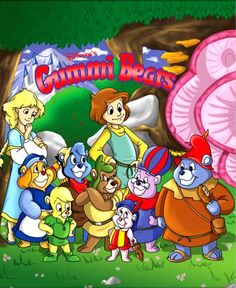 the cartoon characters are standing together in front of a pink umbrella and some green grass