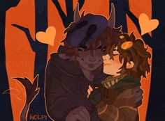 two people hugging each other in front of trees with hearts on them and an orange background