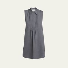 Jil Sander dress with a pintuck bib front Point collar; concealed half-button placket Sleeveless Side slip pockets Short length A-line silhouette Side slits Slipover style Acetate Made in Italy Pleated A-line Sleeveless Dress For Daywear, Classic Sleeveless Shirt Dress For Work, Classic Semi-formal Dress With Box Pleat, A-line Dress With Pleated Bodice For Work, Tailored Pleated Dress For Work, Classic Sleeveless Pleated Dress, Classic Sleeveless Dresses With Pleated Waist, Classic Sleeveless Dresses With Pleated Bodice, Chic Sleeveless Dress With Pleated Waist For Work