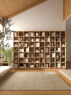 a living room filled with lots of wooden shelves