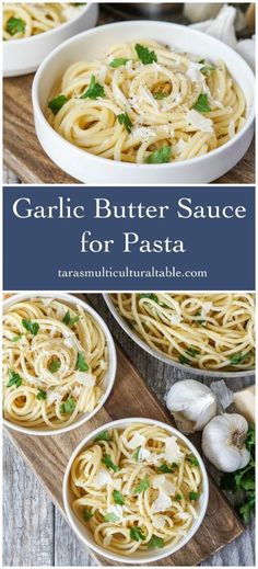 garlic butter sauce for pasta in white bowls on a wooden table with garlic and parsley