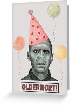 an old man wearing a party hat with balloons around his head and the words oldermott on it