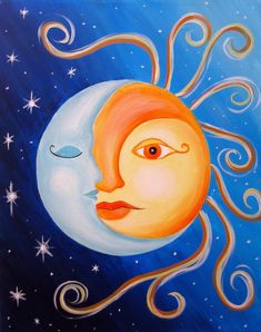 an acrylic painting of the sun and moon