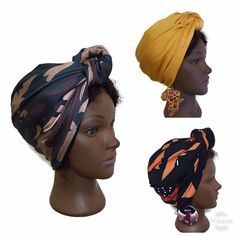 Satin lined pre tied turban made with jersey, lycra and satin stretch fabric.Ready to wear. Just slip on and go!Adjust the turban by pulling on the knot to tighten or pulling the two sides laid on the head to loosen.Made to fit most adult heads.Colour of the satin lining may vary. Colours include; red, purple, brown, pink, black, lilac, gold.If you want a specific satin colour from those listed above to match your selected pattern, please indicate in the notes when checking out. *Based on availa Lisa Thomas, Faux Dreads, Tied Knot, Head Wraps For Women, Head Scarf Styles, Curly Girl Method, Turban Headwrap, Turban Style, Satin Color