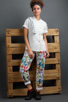 Pants that know how to keep it simple. Our Women's Chef Pants are designed specifically to fit women – not too baggy or too tight. The full-elastic waist has an inner drawstring. 4 pockets hold essential items. Our Graffiti print celebrates the wild and free in cool spray paint-inspired colors. • Classic fit • Low rise • Elastic waist with inner drawstring • Tapered leg • Total of 4 pockets • 2 side pockets • 2 back patch pockets • Approximate inseam on size M: 31½” Medium-weight, 100% cotton tw Graffiti Pants, Chef Uniforms, Be A Boss, Bistro Apron, Cobbler Aprons, Chef Shirts, Chef Pants, Chef Wear, Female Chef