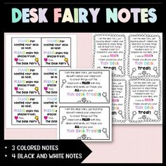 three notebooks with the words, dear fairy notes and two black and white notes