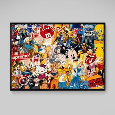 an image of mickey mouse collage on the wall with other disney characters all over it