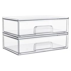 two clear plastic boxes with lids on each side