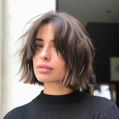 Jaw Length Choppy Bob with Wispy Bangs 1 scaled French Bob With Balayage, Lob With Curtain Bangs Oval Face, Short Hairstyle Women Short Neck, Medium French Bob With Bangs, Dark Brown French Bob, Bangs With A Bob Haircut, Two Tone Bob Hairstyles, Short Jaw Length Hair, Short Bob Hairstyles Curtain Bangs