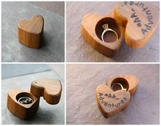 four different pictures of wooden rings in a heart shaped box