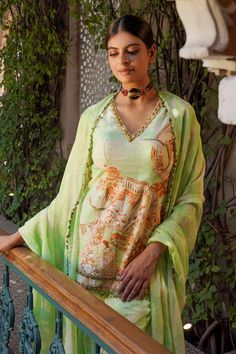 Green kurta featuring floral mix printed motifs and sequin embellishments. Comes with matching gharara and sequin embellished dupatta. - Aza Fashions Kurta Patterns, Green Sequins, Mixing Prints, Set For Women, Aza Fashion, Silk Printing, Embellishments, Types Of Sleeves, Sequin