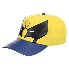 a yellow and blue baseball cap with a black mask on the front, two sides