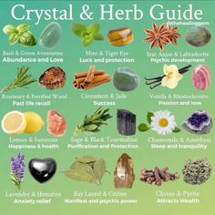 a poster showing the benefits of crystals and herbs