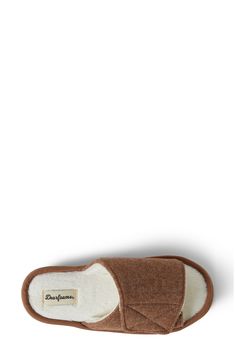 A snugly machine-washable slide slipper cut from a cozy knit features a pillowy footbed that delivers comfort with every step. Adjustable hook-and-loop strap Textile upper and lining/synthetic sole Imported Comfy Brown Indoor Slippers, Cozy Brown Slippers With Textured Footbed, Brown Indoor Slippers With Cushioned Footbed, Brown Cushioned Indoor Slippers, Super Soft Comfortable Brown Slippers, Comfy Super Soft Brown Slippers, Comfy Brown Slippers With Cushioned Footbed, Comfortable Brown Synthetic Slippers, Super Soft Brown Indoor Slippers