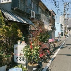 an old bicycle parked on the side of a road next to some potted plants