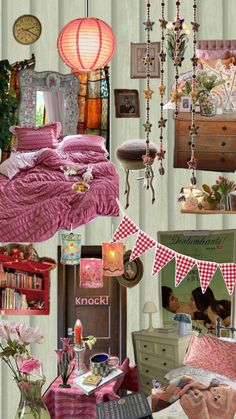 a collage of many different items in a room with pink bedding and decorations