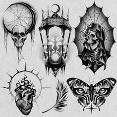 some tattoos that are on the side of a white paper with skulls and bats in it