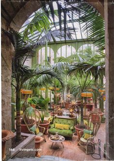 a room filled with lots of potted plants next to a wooden floor covered in green furniture