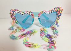 Heart sunglasses embellished with sprinkles and a phrase of your choice! Celebrate your birthday in style! Includes the chain in the picture. Multicolor Glasses Chains For Summer Parties, Multicolor Summer Party Glasses Chain, Summer Party Multicolor Glasses Chains, Trendy Handmade Glasses Chains For Party, Bride Sunglasses, Heart Sunglasses, Handmade Heart, Eyewear Sunglasses, Sprinkles