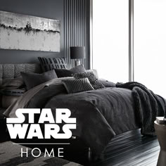 a star wars themed bedroom is shown in black and white with the words, home